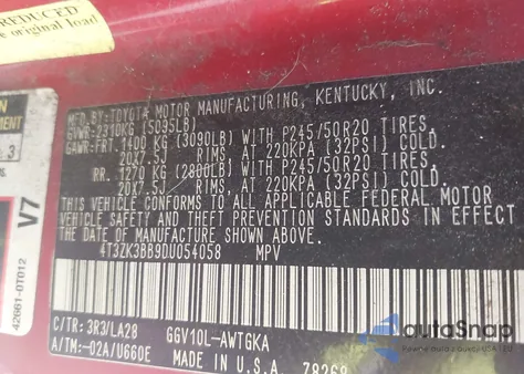 2013 Toyota Venza Xle V6 z USA, uszkodzony, nr VIN 4T3ZK3BB9DU054058